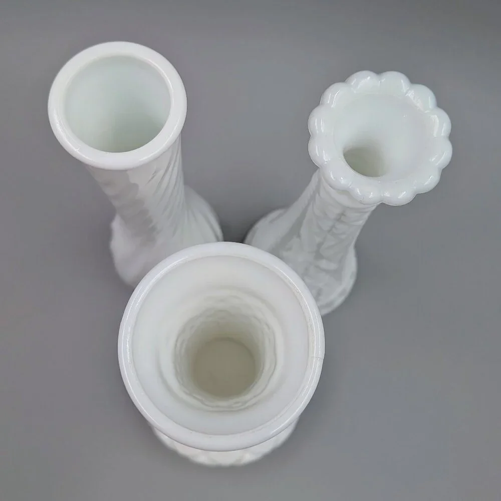 Set of 3 Vintage White Milk Glass Bud Vases - 9" Shabby Chic Floral Decor - Picture 8 of 10